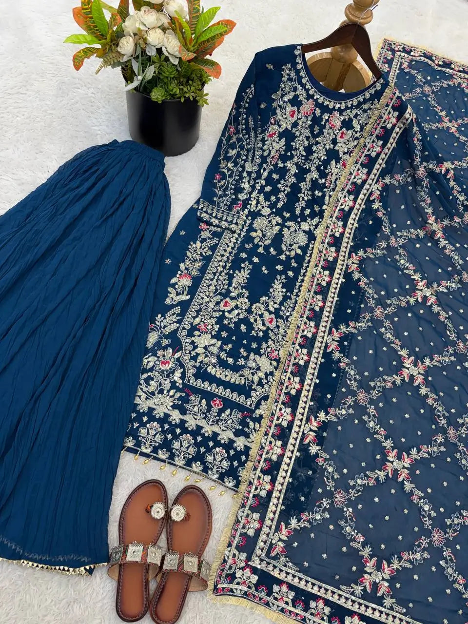Luxury Faux Georgette Embroidered Palazzo Suit for Wedding and Festive Wear