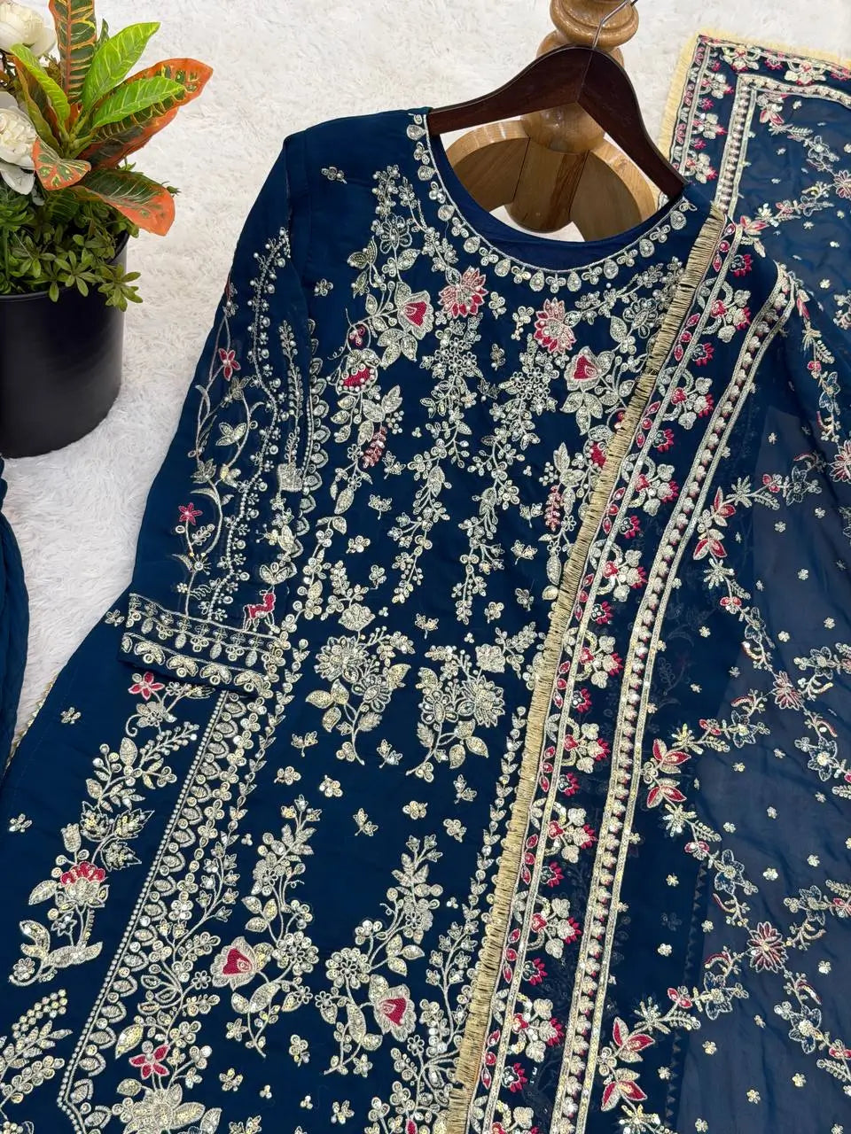 Luxury Faux Georgette Embroidered Palazzo Suit for Wedding and Festive Wear