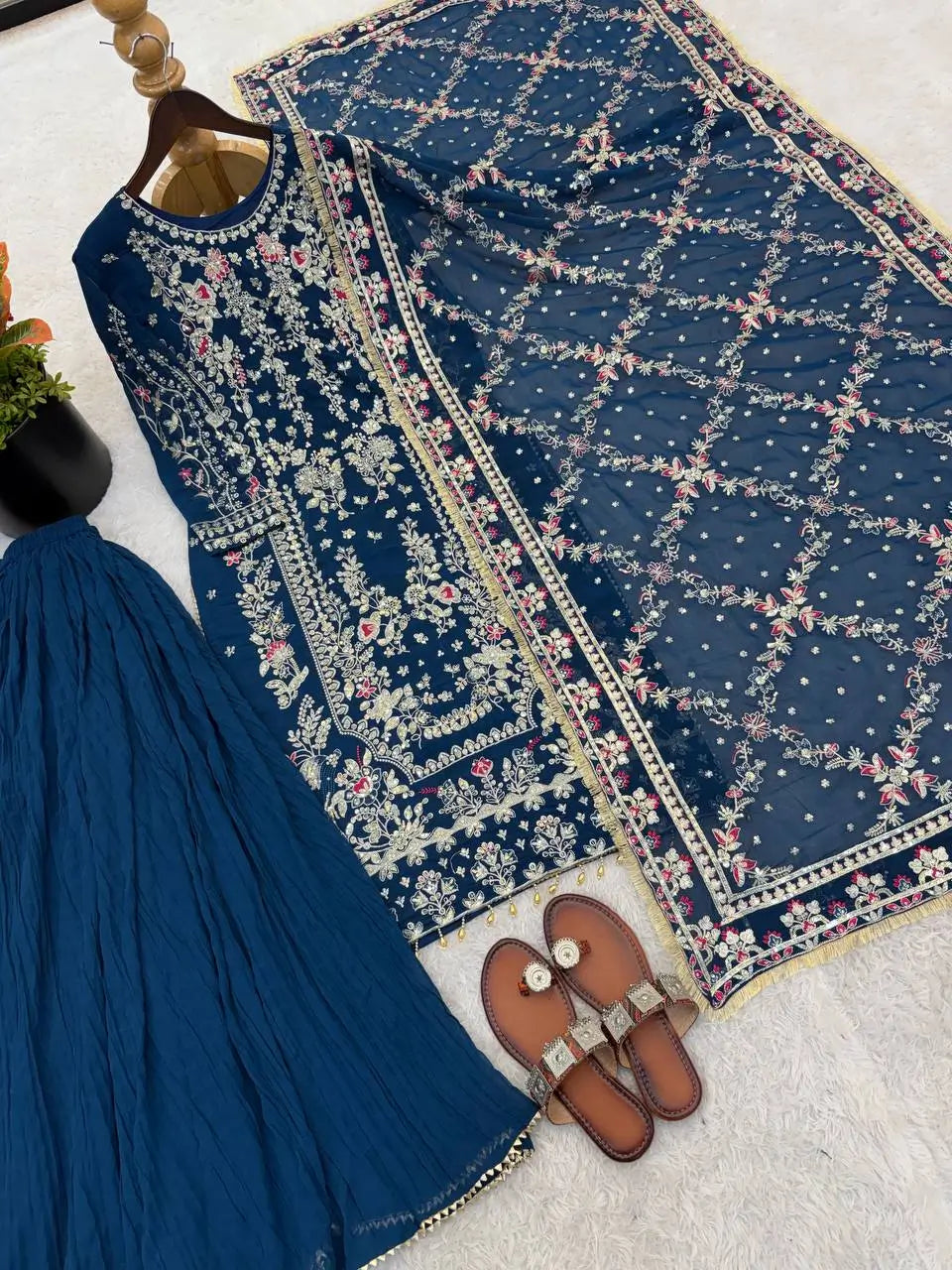 Luxury Faux Georgette Embroidered Palazzo Suit for Wedding and Festive Wear