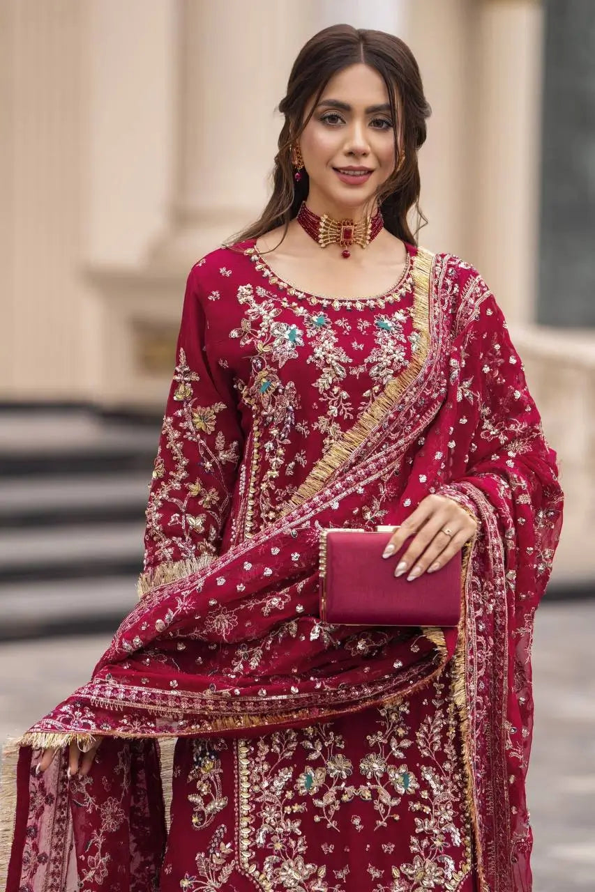 Luxury Faux Georgette Embroidered Palazzo Suit for Wedding and Festive Wear