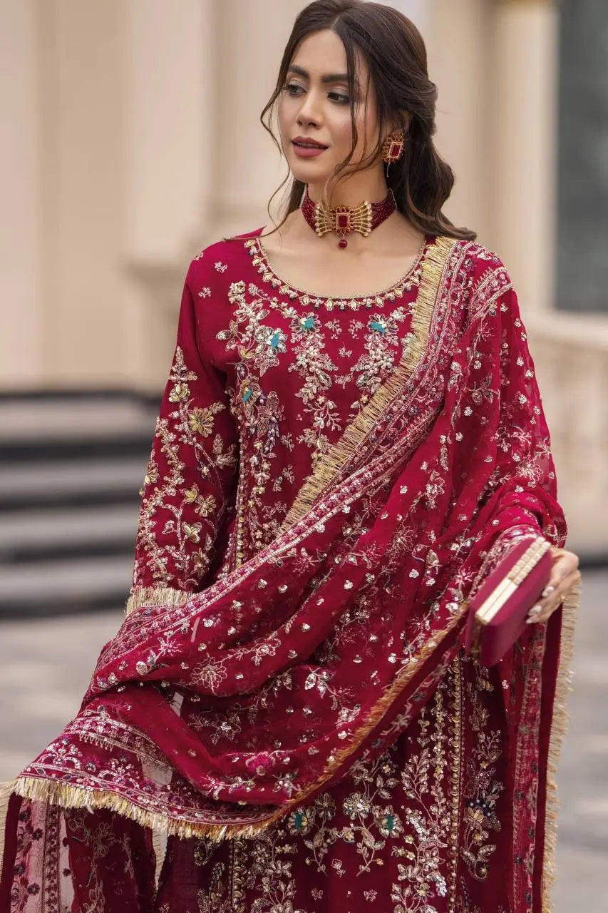 Luxury Faux Georgette Embroidered Palazzo Suit for Wedding and Festive Wear