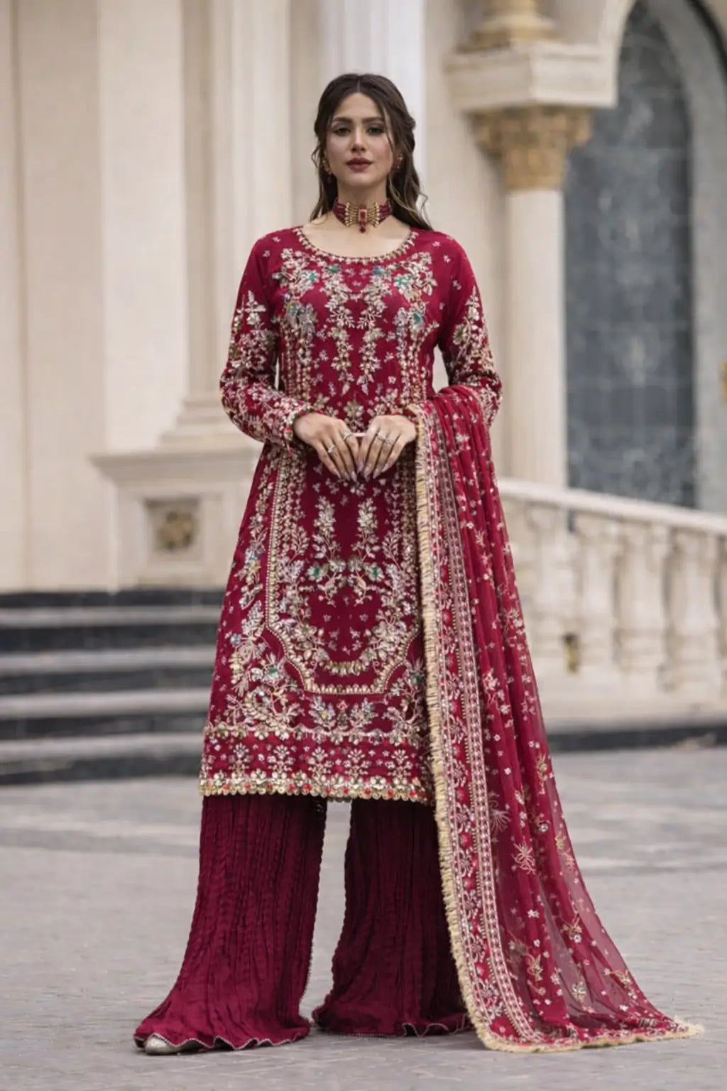 Luxury Faux Georgette Embroidered Palazzo Suit for Wedding and Festive Wear