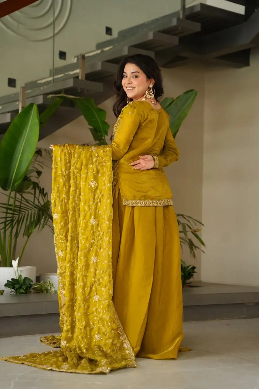 Luxury Fendy Kurti Sharara Set with Dupatta | Embroidered Party Wear Set for Women – Wine & Mehendi