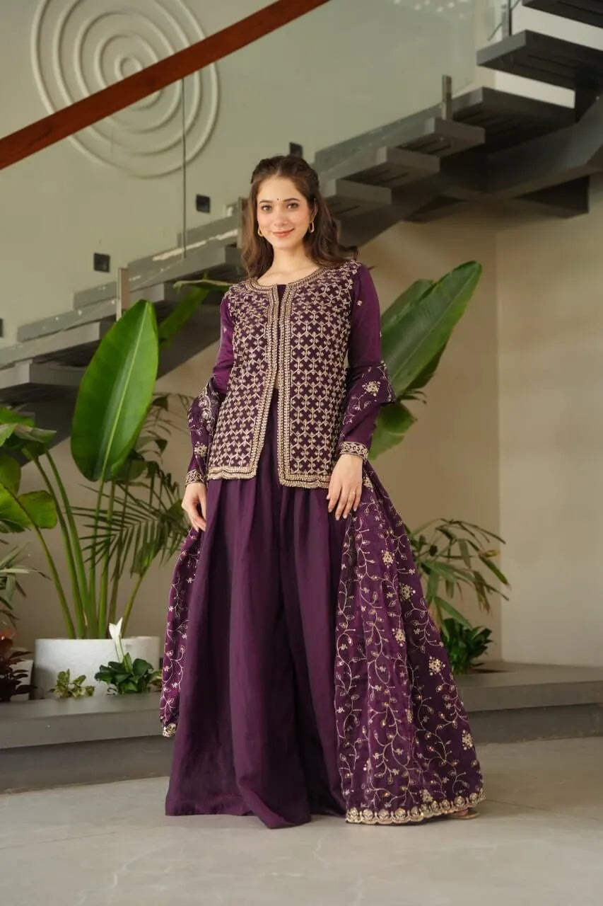 Luxury Fendy Kurti Sharara Set with Dupatta | Embroidered Party Wear Set for Women – Wine & Mehendi
