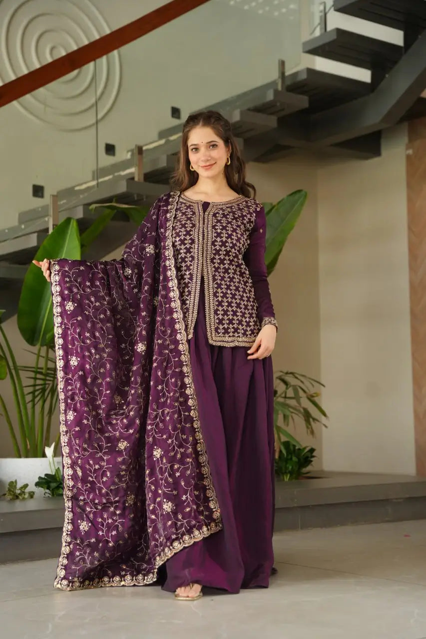 Luxury Fendy Kurti Sharara Set with Dupatta | Embroidered Party Wear Set for Women – Wine & Mehendi