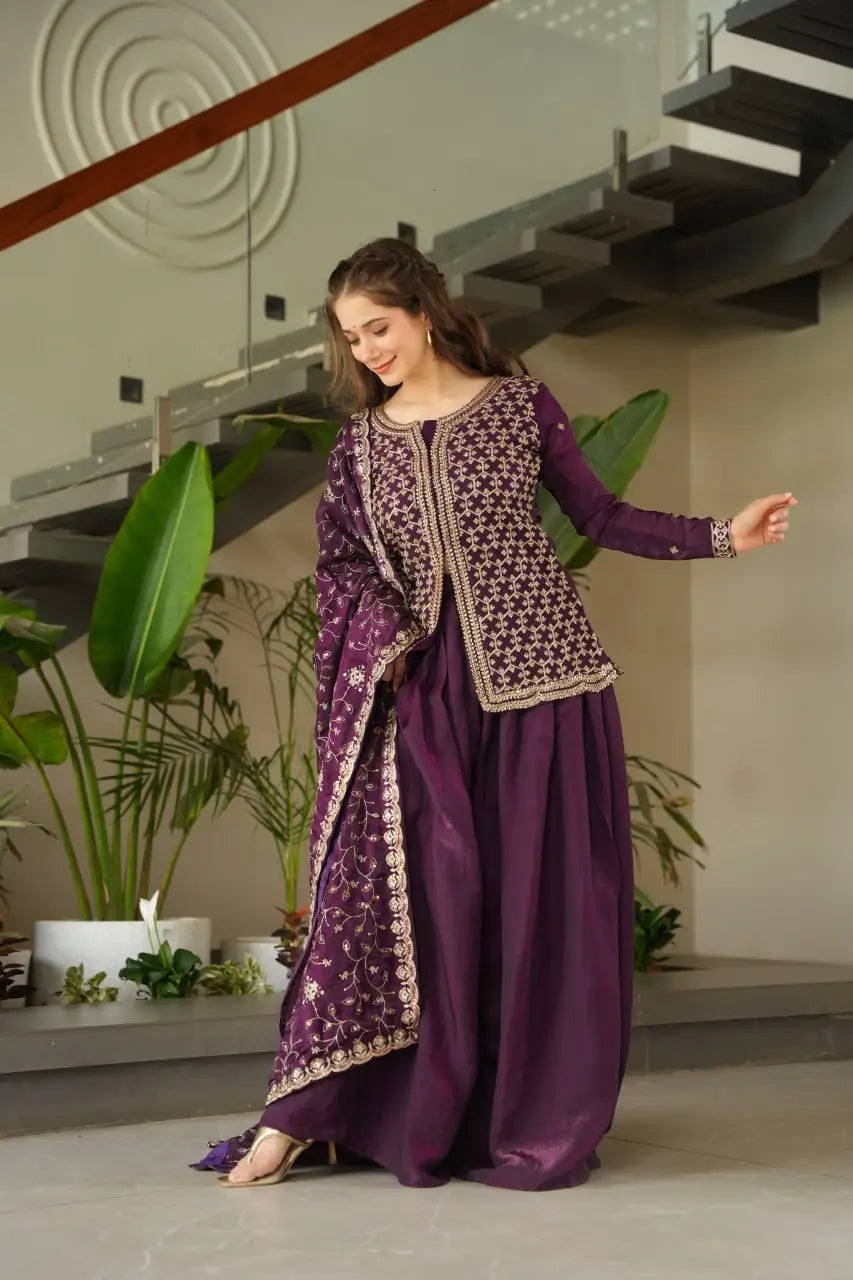 Luxury Fendy Kurti Sharara Set with Dupatta | Embroidered Party Wear Set for Women – Wine & Mehendi