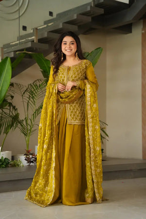 Luxury Fendy Kurti Sharara Set with Dupatta | Embroidered Party Wear Set for Women – Wine & Mehendi