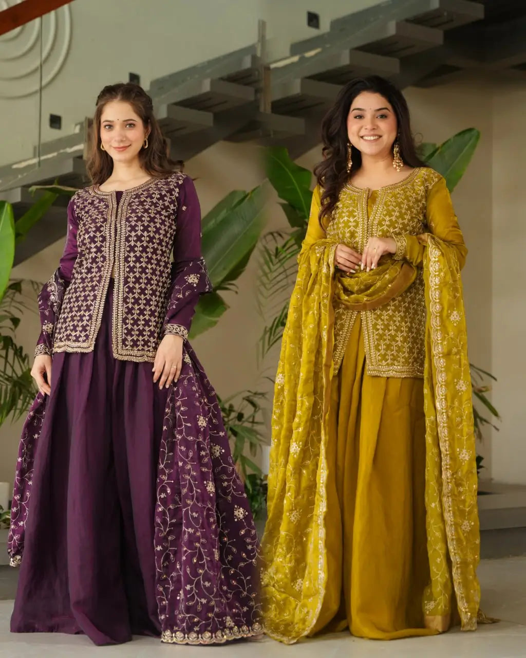 Luxury Fendy Kurti Sharara Set with Dupatta | Embroidered Party Wear Set for Women – Wine & Mehendi