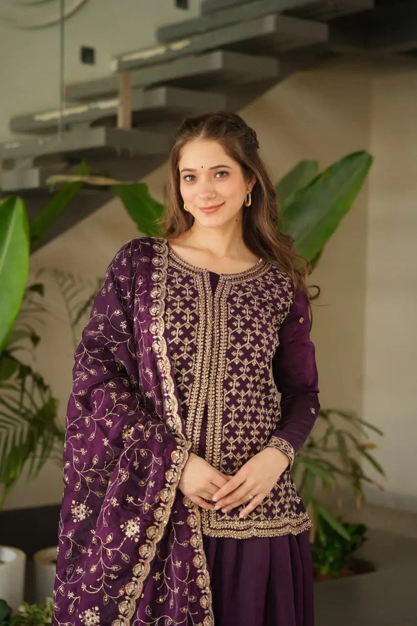 Luxury Fendy Kurti Sharara Set with Dupatta | Embroidered Party Wear Set for Women – Wine & Mehendi