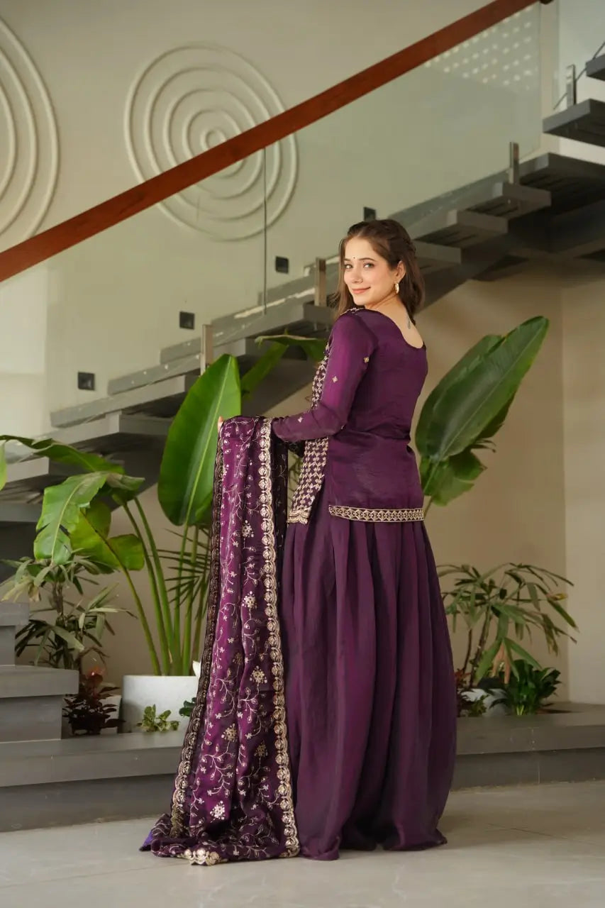 Luxury Fendy Kurti Sharara Set with Dupatta | Embroidered Party Wear Set for Women – Wine & Mehendi