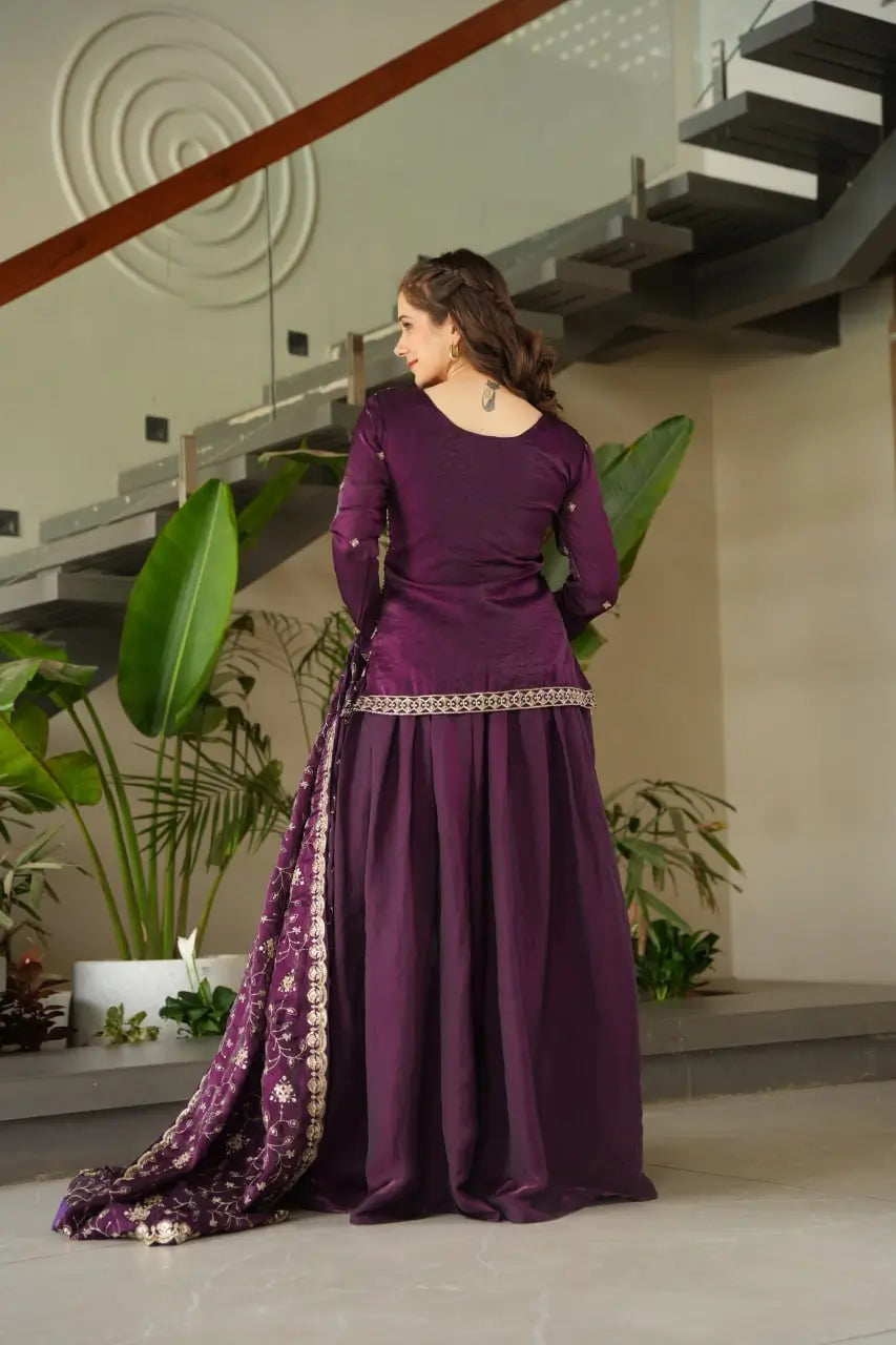 Luxury Fendy Kurti Sharara Set with Dupatta | Embroidered Party Wear Set for Women – Wine & Mehendi
