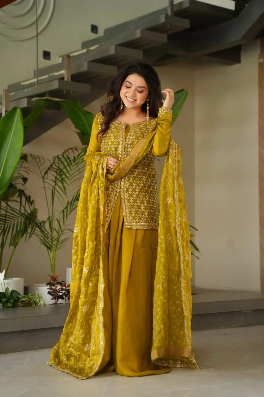 Luxury Fendy Kurti Sharara Set with Dupatta | Embroidered Party Wear Set for Women – Wine & Mehendi