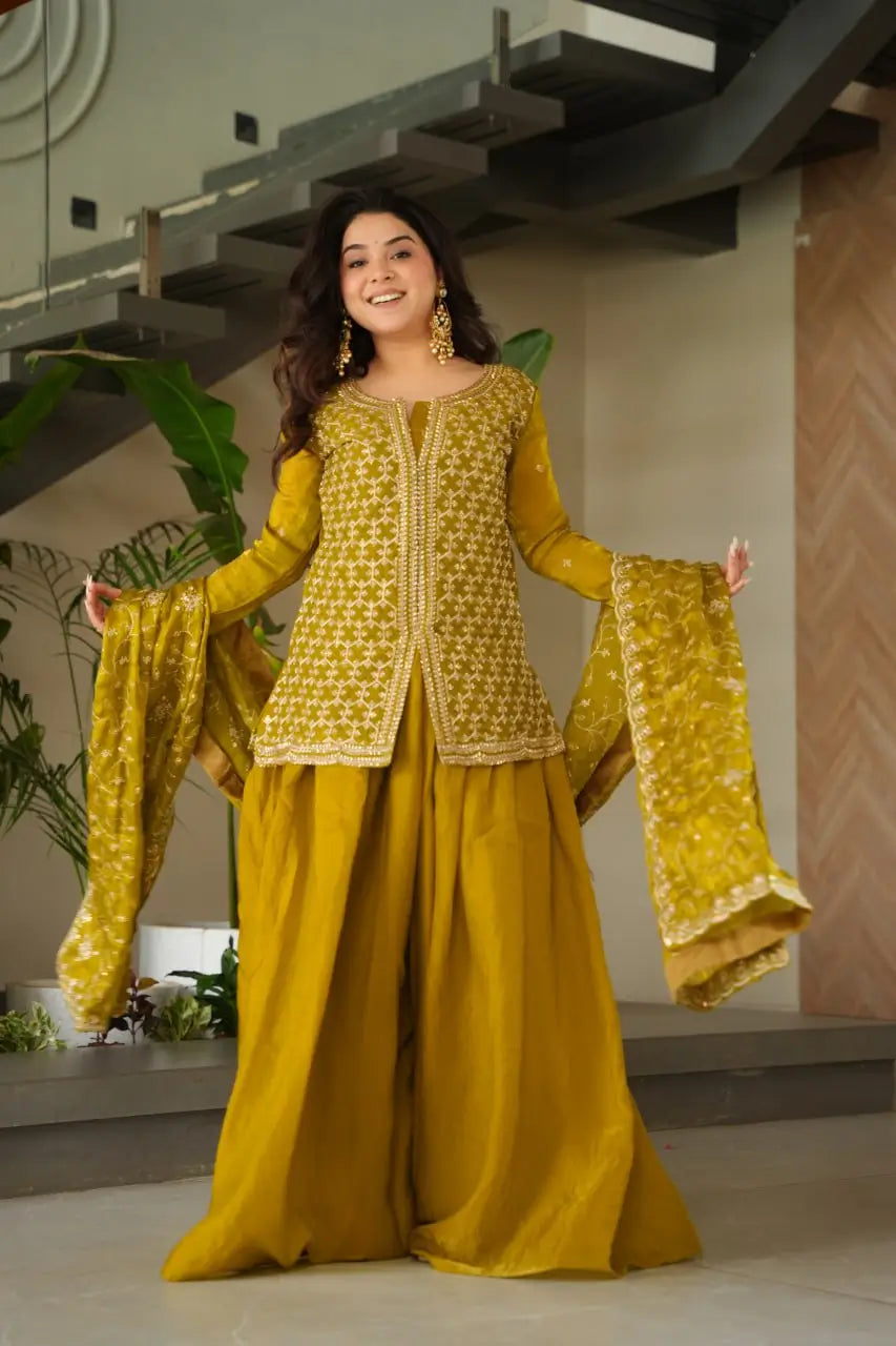 Luxury Fendy Kurti Sharara Set with Dupatta | Embroidered Party Wear Set for Women – Wine & Mehendi