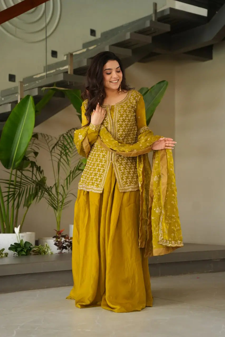 Luxury Fendy Kurti Sharara Set with Dupatta | Embroidered Party Wear Set for Women – Wine & Mehendi