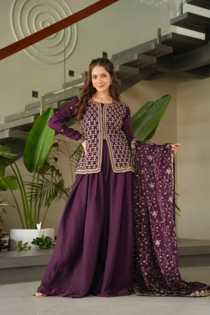 Luxury Fendy Kurti Sharara Set with Dupatta | Embroidered Party Wear Set for Women – Wine & Mehendi