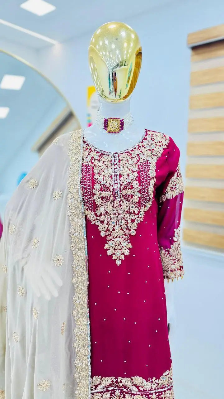 Luxury Maroon Fox Georgette Sharara Suit with Coding Sequin Embroidery & Dupatta