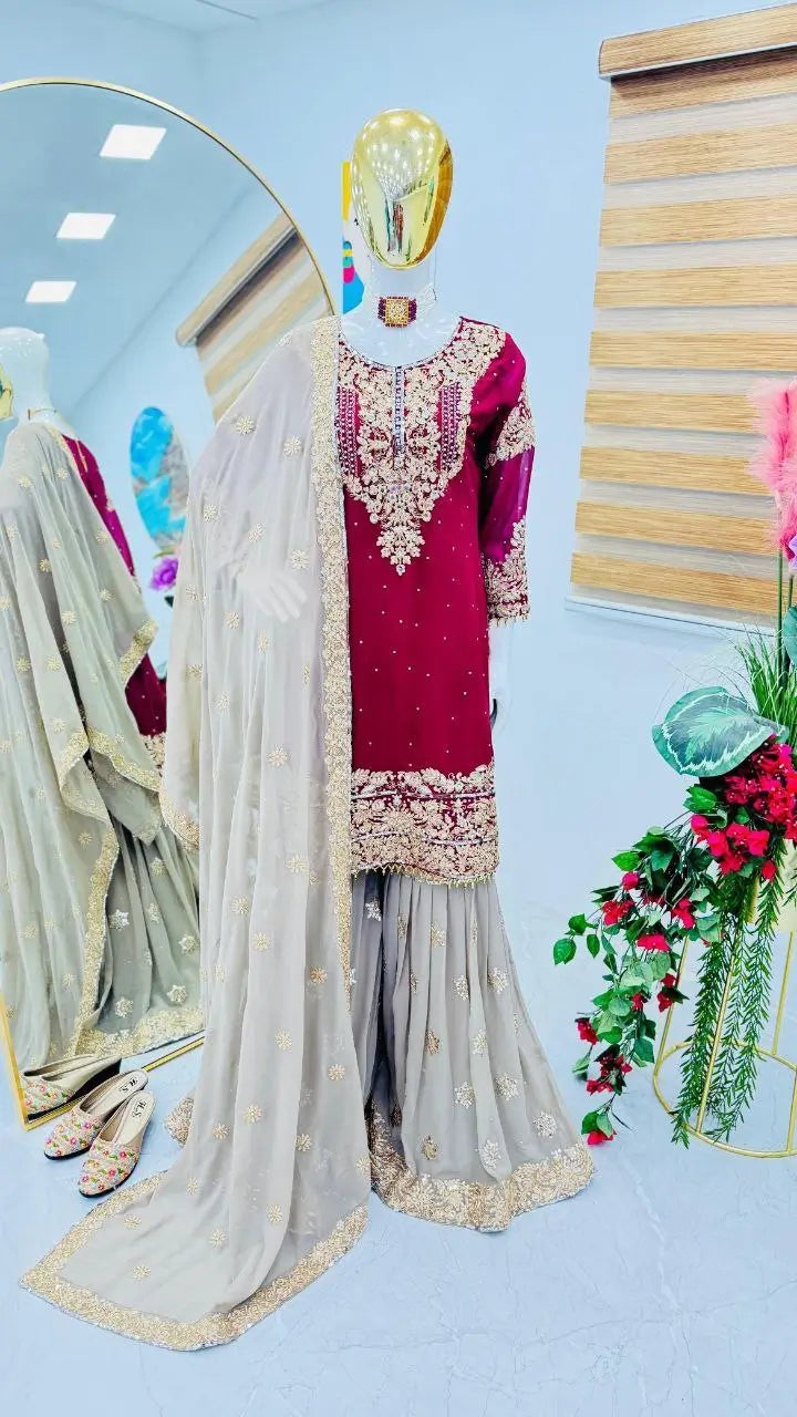 Luxury Maroon Fox Georgette Sharara Suit with Coding Sequin Embroidery & Dupatta