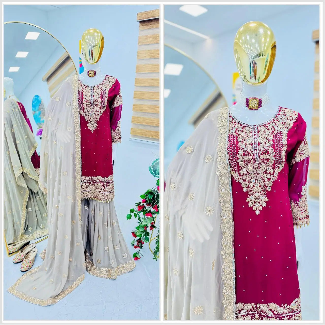 Luxury Maroon Fox Georgette Sharara Suit with Coding Sequin Embroidery & Dupatta