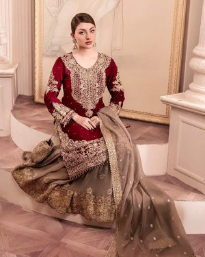 Luxury Maroon Fox Georgette Sharara Suit with Coding Sequin Embroidery & Dupatta