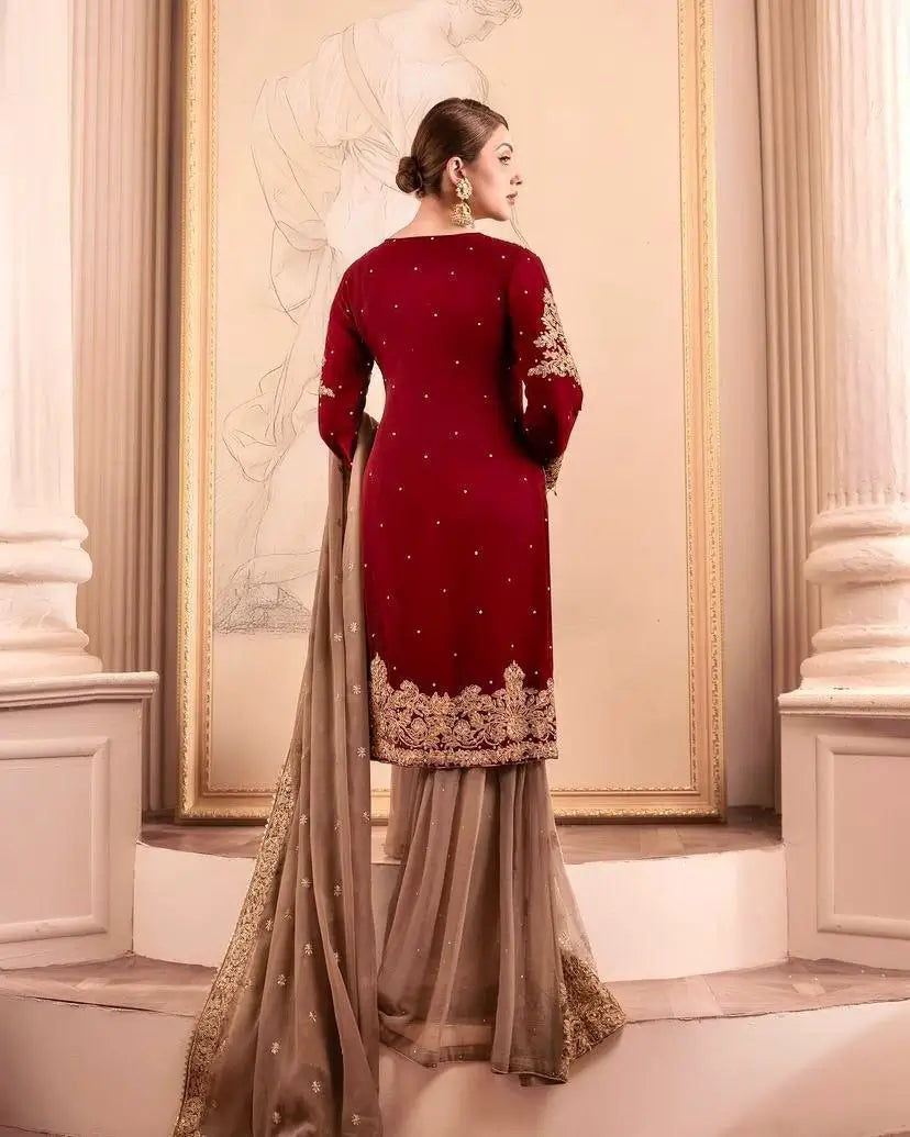 Luxury Maroon Fox Georgette Sharara Suit with Coding Sequin Embroidery & Dupatta