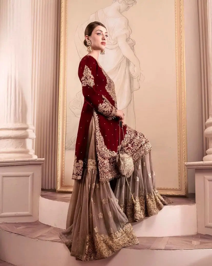 Luxury Maroon Fox Georgette Sharara Suit with Coding Sequin Embroidery & Dupatta