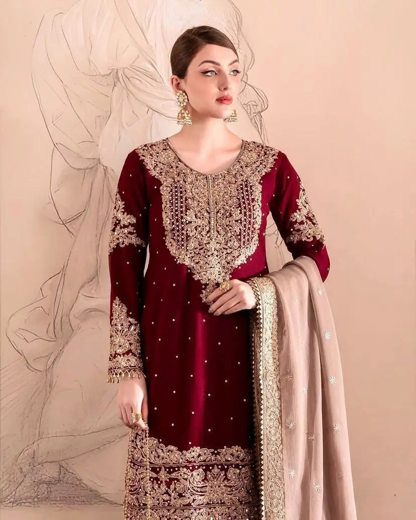 Luxury Maroon Fox Georgette Sharara Suit with Coding Sequin Embroidery & Dupatta