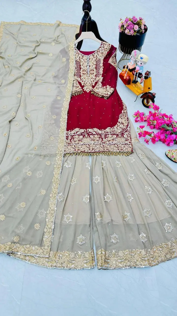 Luxury Maroon Fox Georgette Sharara Suit with Coding Sequin Embroidery & Dupatta