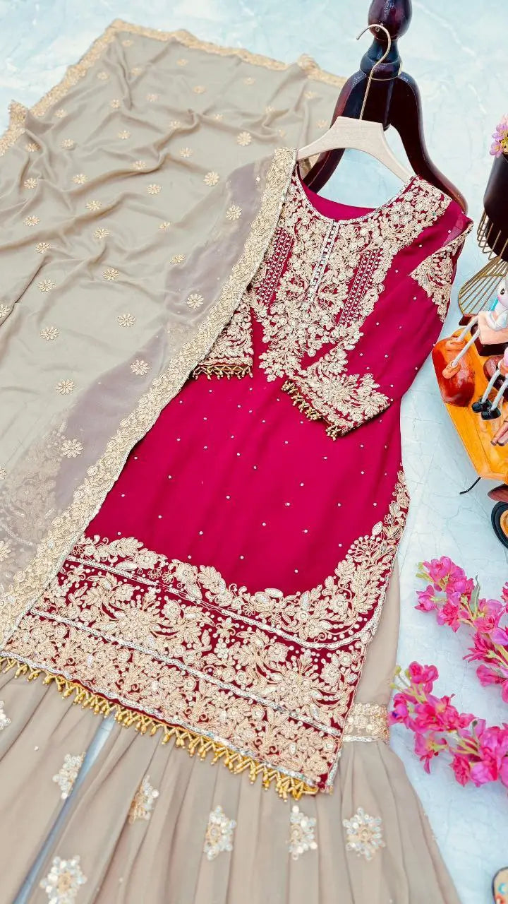 Luxury Maroon Fox Georgette Sharara Suit with Coding Sequin Embroidery & Dupatta