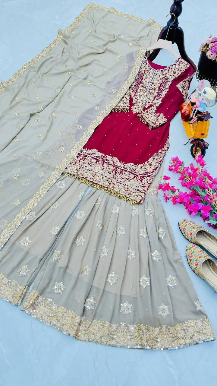 Luxury Maroon Fox Georgette Sharara Suit with Coding Sequin Embroidery & Dupatta