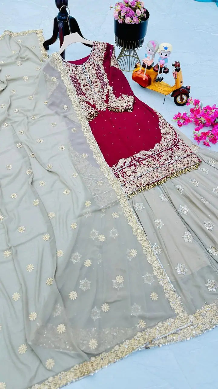 Luxury Maroon Fox Georgette Sharara Suit with Coding Sequin Embroidery & Dupatta