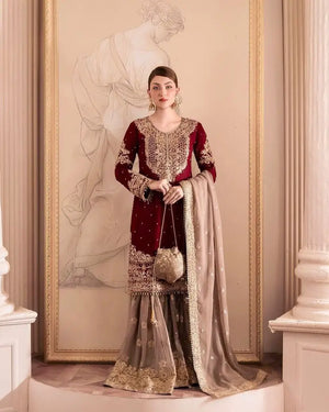 Luxury Maroon Fox Georgette Sharara Suit with Coding Sequin Embroidery & Dupatta