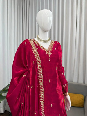 Luxury Orgenza Silk Embroidered Plazo Suit with Dupatta | Stitched 3-Piece Set for Women