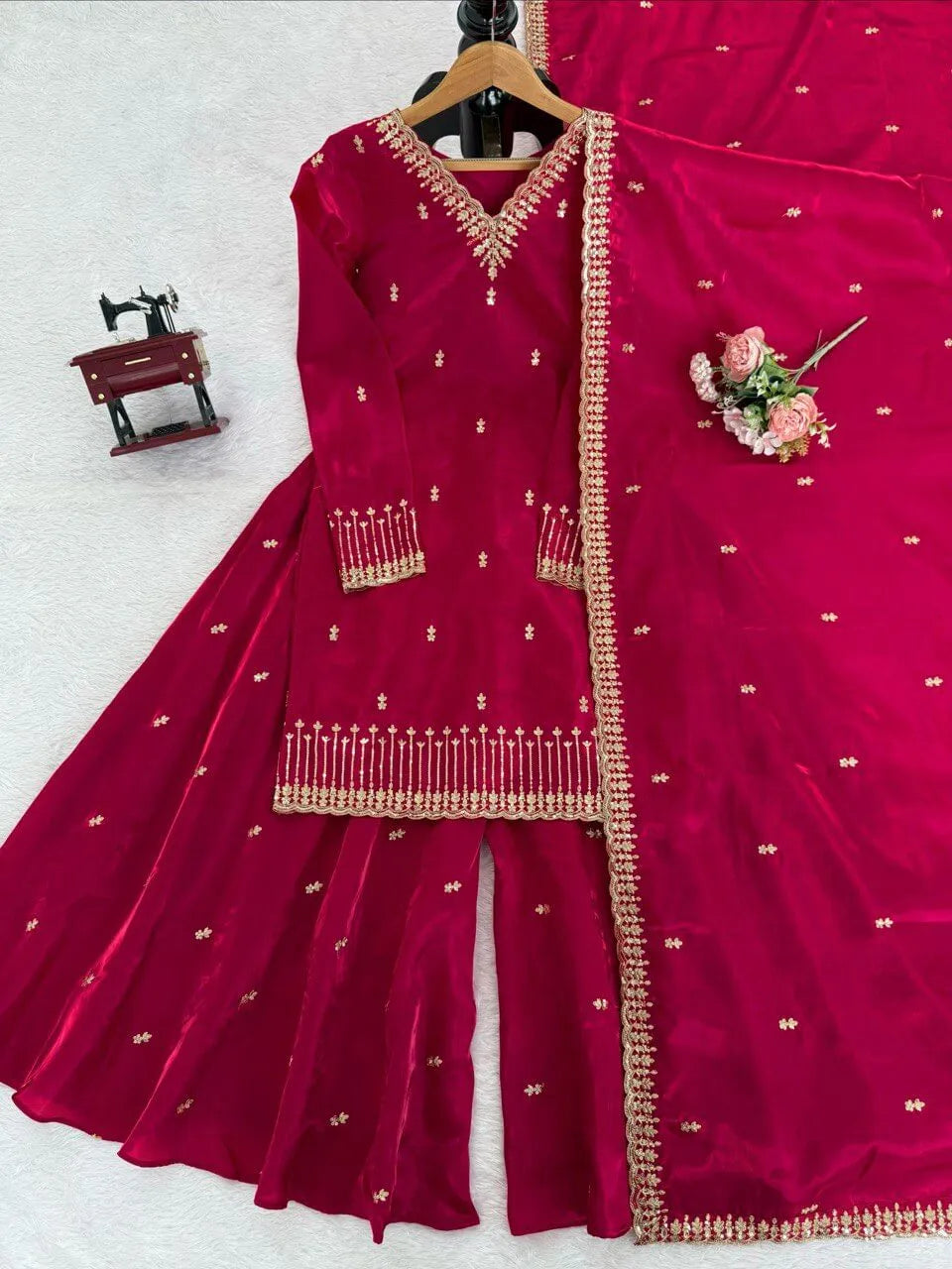 Luxury Orgenza Silk Embroidered Plazo Suit with Dupatta | Stitched 3-Piece Set for Women