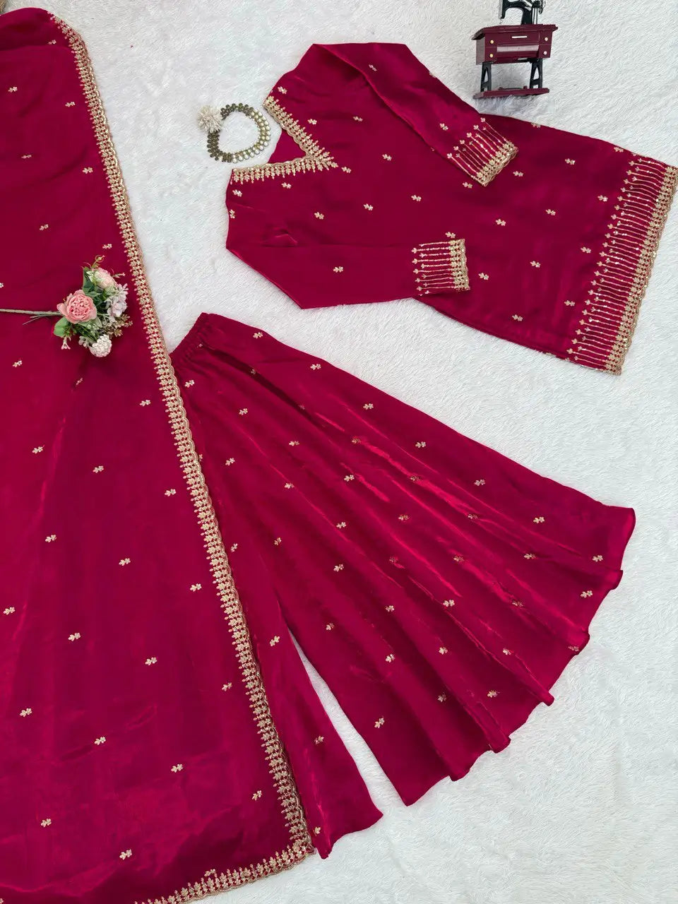 Luxury Orgenza Silk Embroidered Plazo Suit with Dupatta | Stitched 3-Piece Set for Women