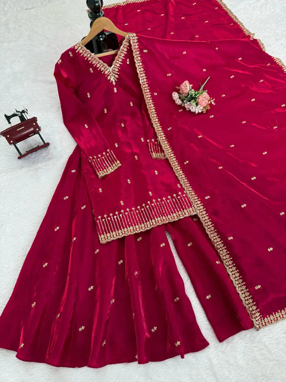 Luxury Orgenza Silk Embroidered Plazo Suit with Dupatta | Stitched 3-Piece Set for Women