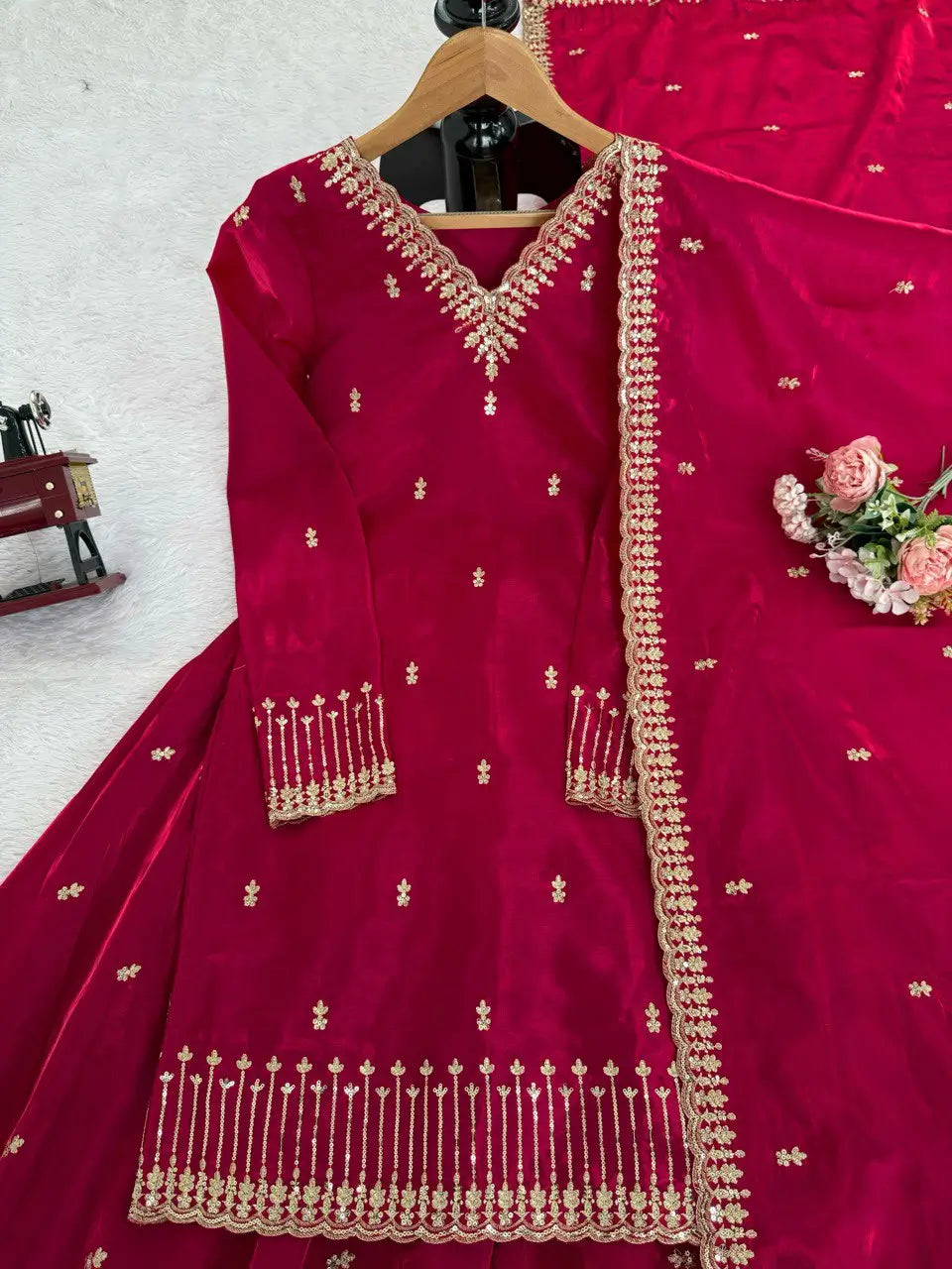 Luxury Orgenza Silk Embroidered Plazo Suit with Dupatta | Stitched 3-Piece Set for Women