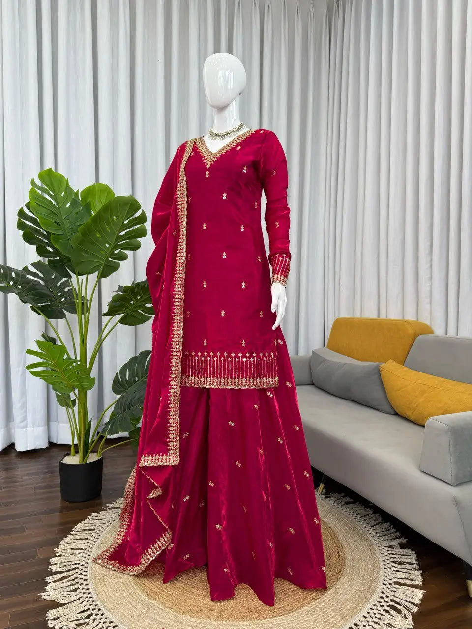Luxury Orgenza Silk Embroidered Plazo Suit with Dupatta | Stitched 3-Piece Set for Women