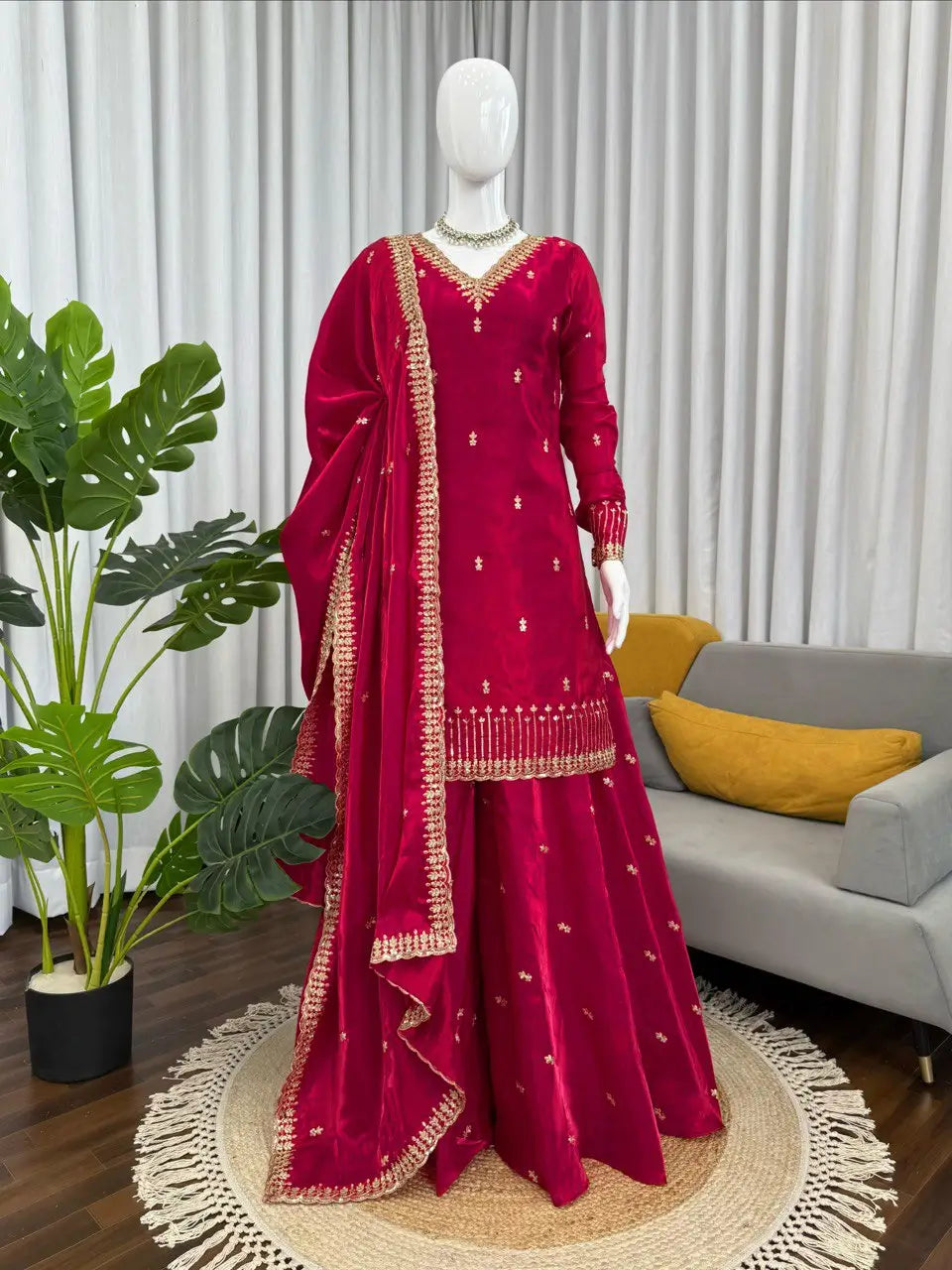 Luxury Orgenza Silk Embroidered Plazo Suit with Dupatta | Stitched 3-Piece Set for Women