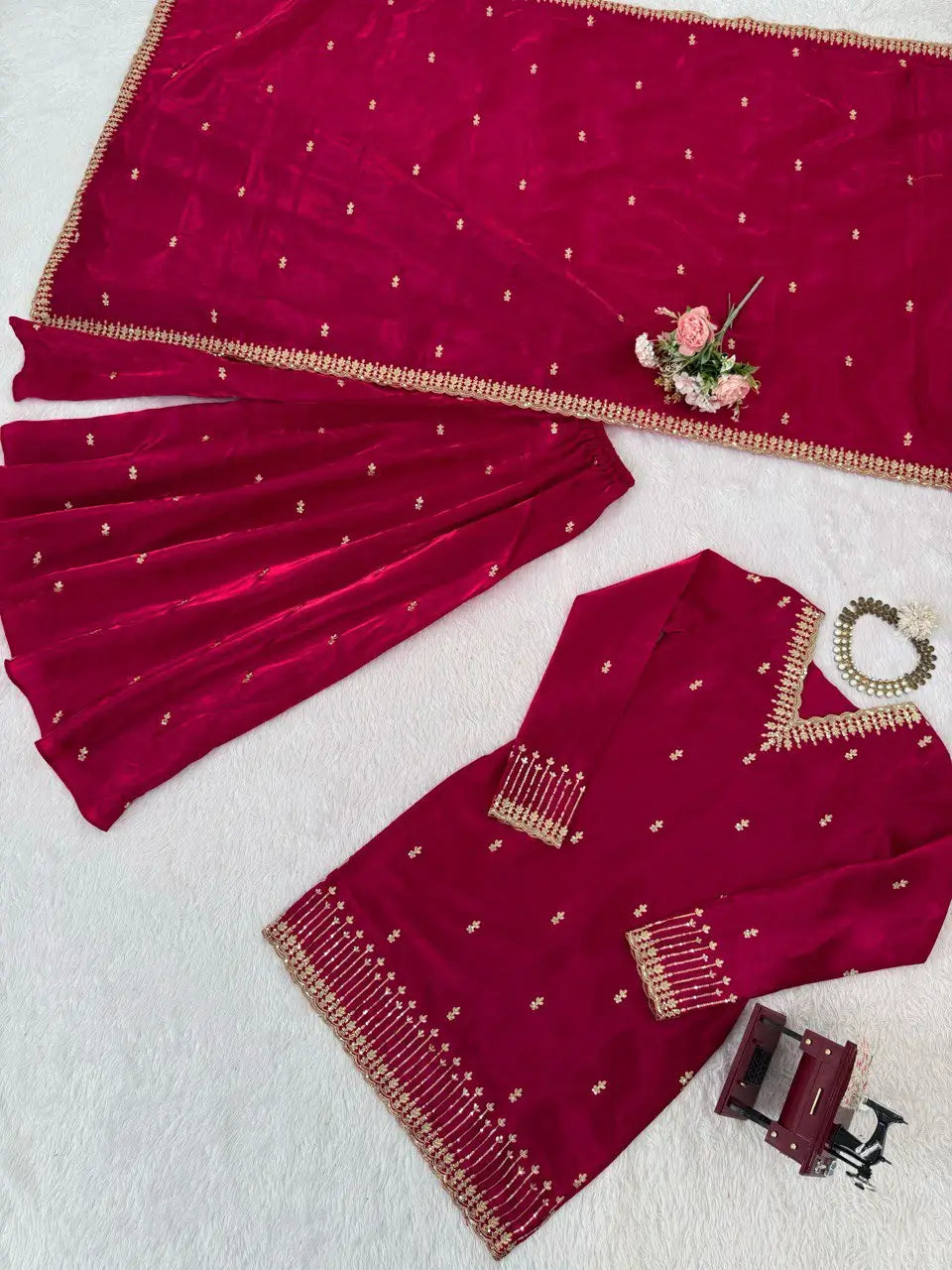 Luxury Orgenza Silk Embroidered Plazo Suit with Dupatta | Stitched 3-Piece Set for Women