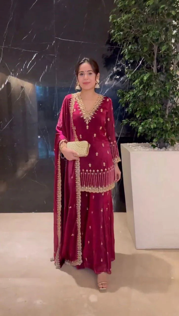 Luxury Orgenza Silk Embroidered Plazo Suit with Dupatta | Stitched 3-Piece Set for Women