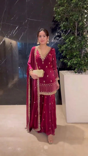 Luxury Orgenza Silk Embroidered Plazo Suit with Dupatta | Stitched 3-Piece Set for Women