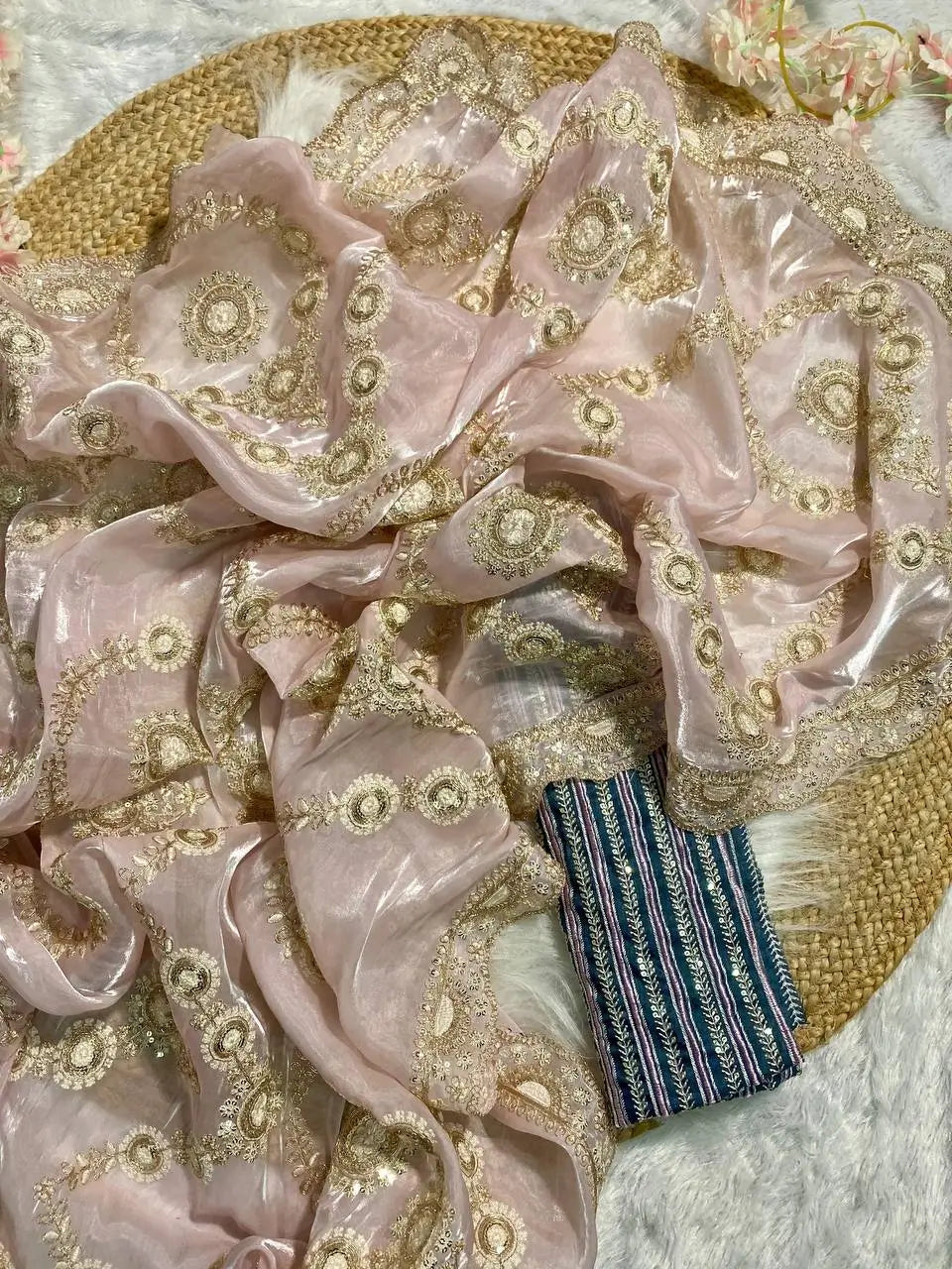 Luxury Satin Organza Embroidered Saree Set