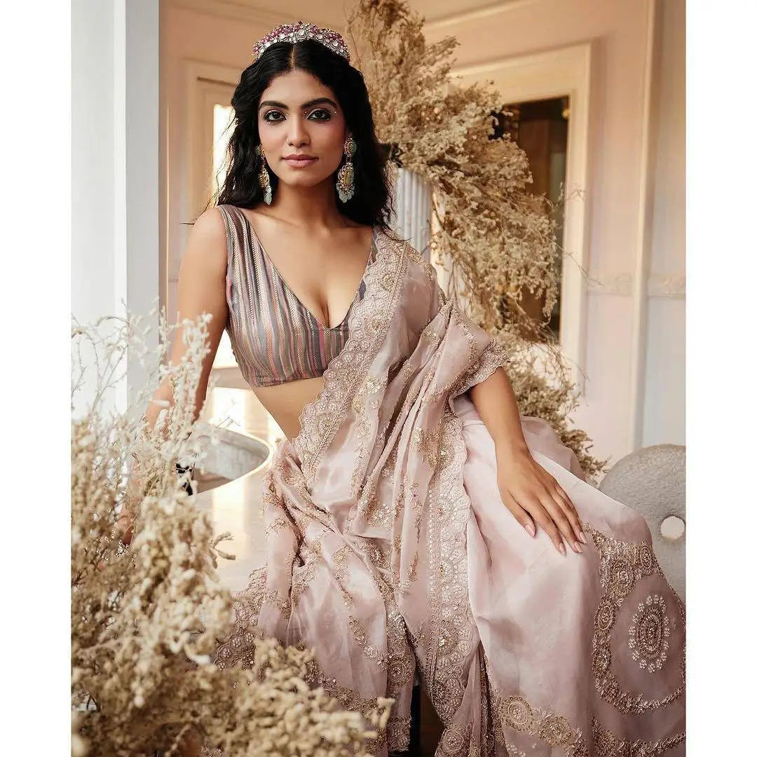 Luxury Satin Organza Embroidered Saree Set