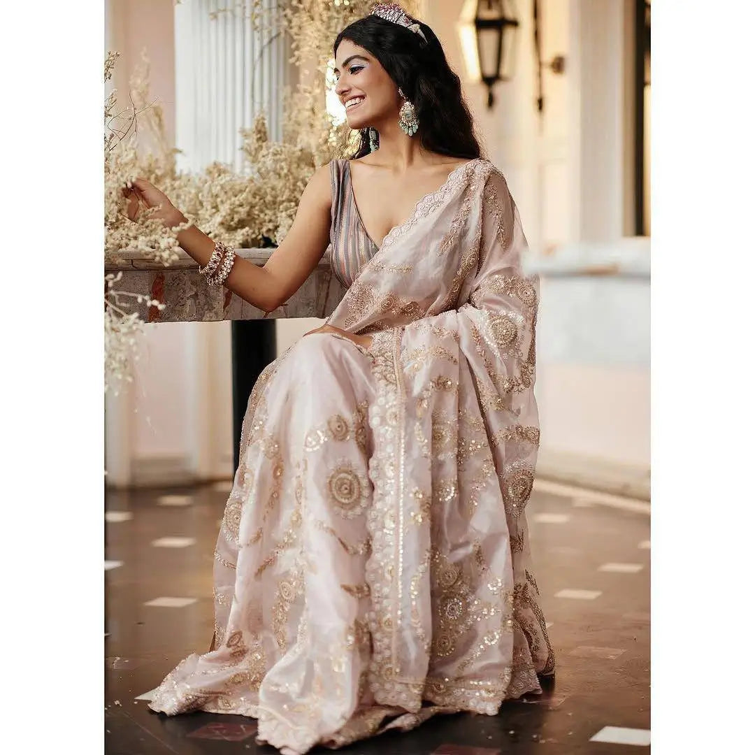 Luxury Satin Organza Embroidered Saree Set