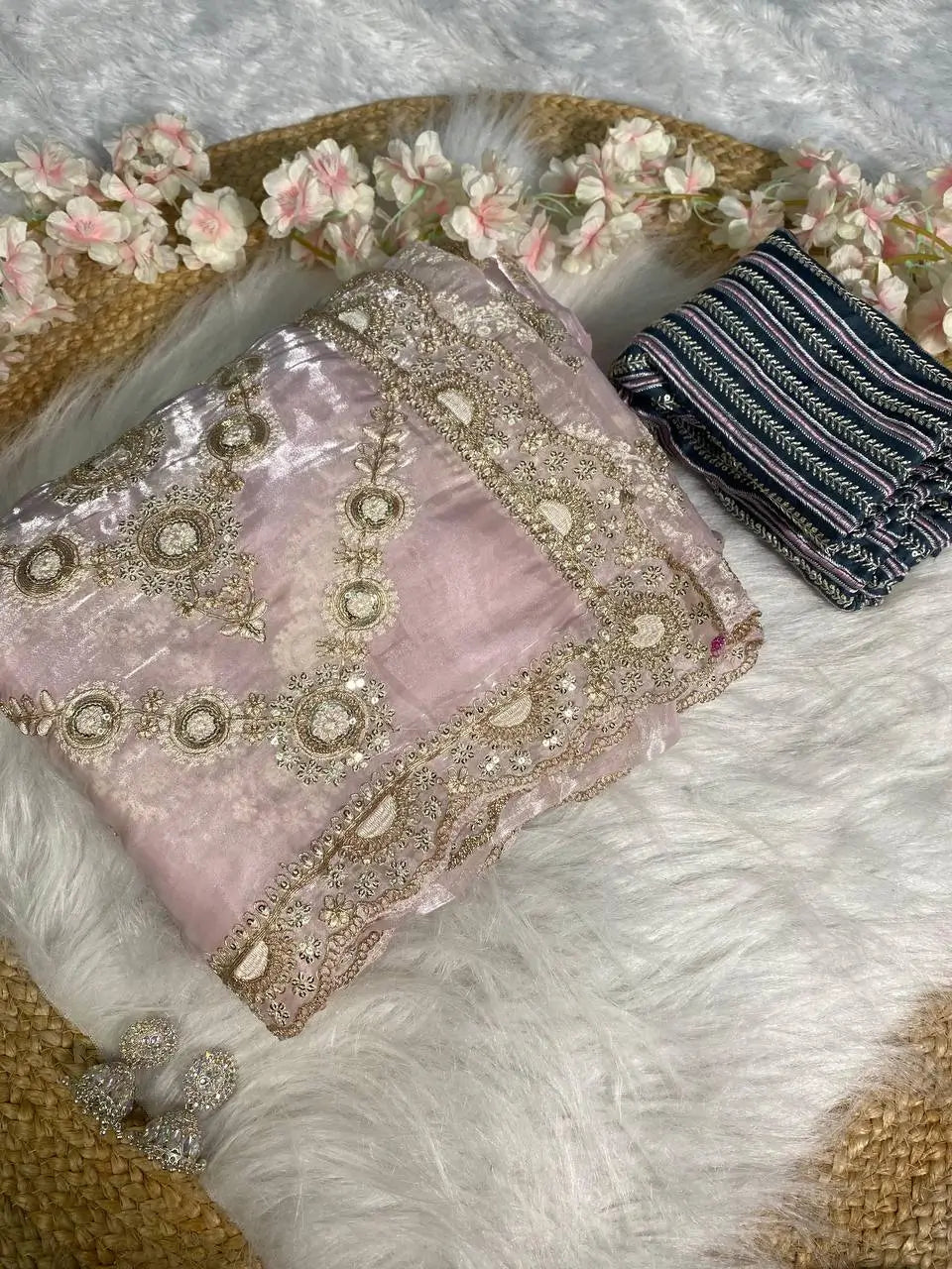 Luxury Satin Organza Embroidered Saree Set