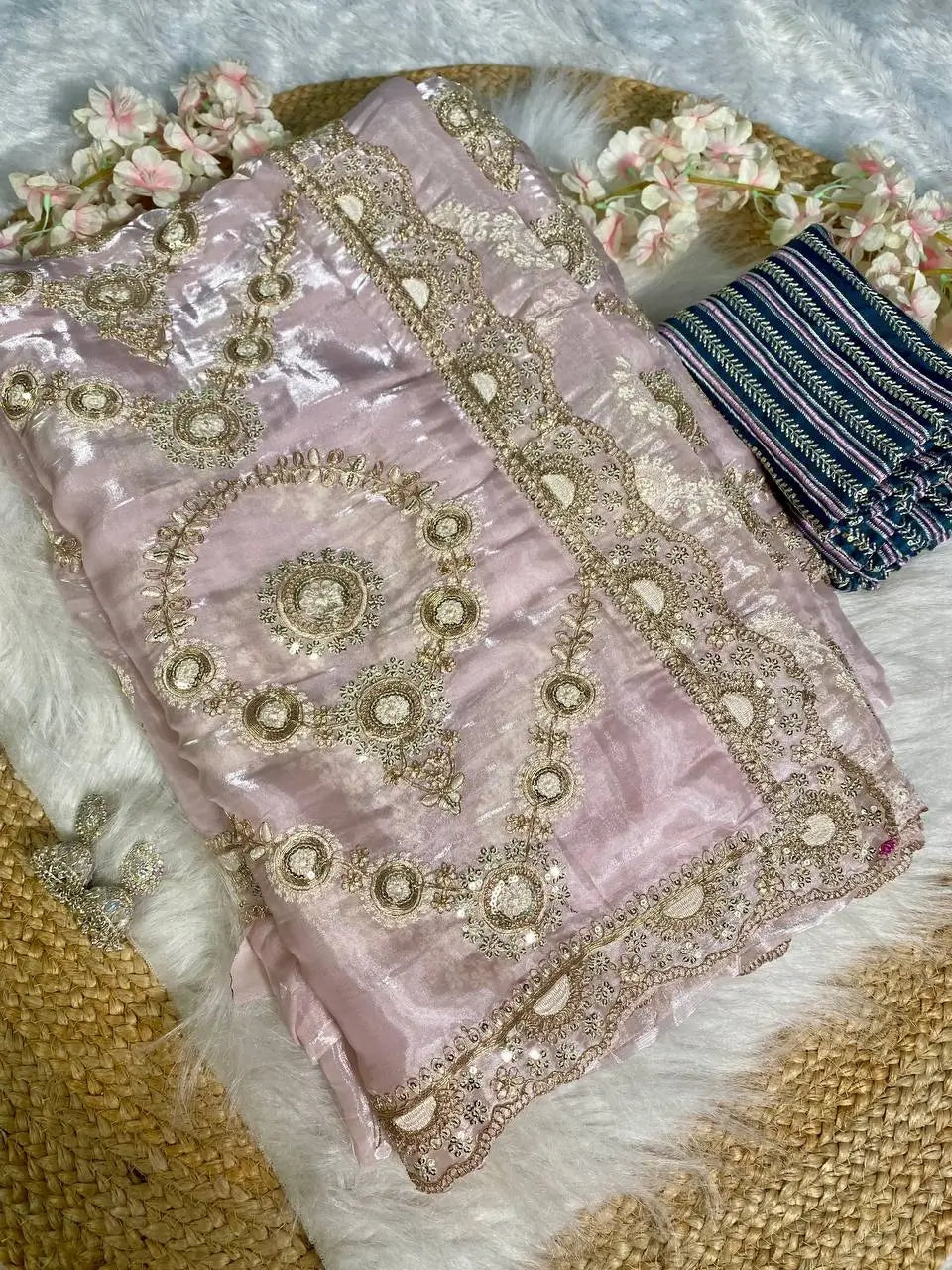 Luxury Satin Organza Embroidered Saree Set