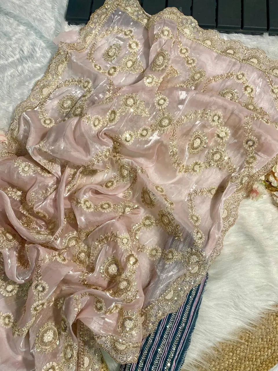 Luxury Satin Organza Embroidered Saree Set