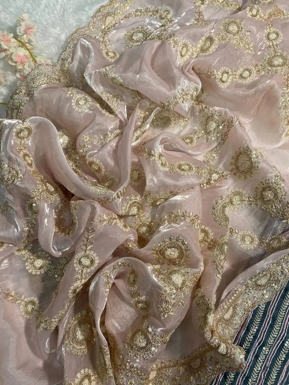 Luxury Satin Organza Embroidered Saree Set