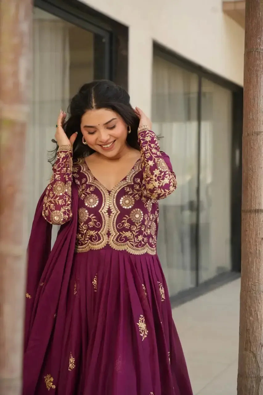 Luxury Star Georgette Gown with Dupatta – Zari & Sequins Embroidery