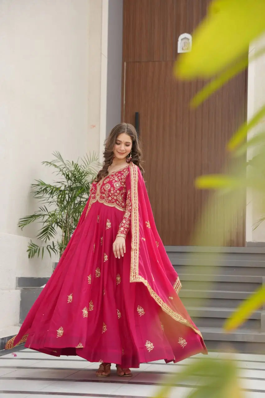 Luxury Star Georgette Gown with Dupatta – Zari & Sequins Embroidery